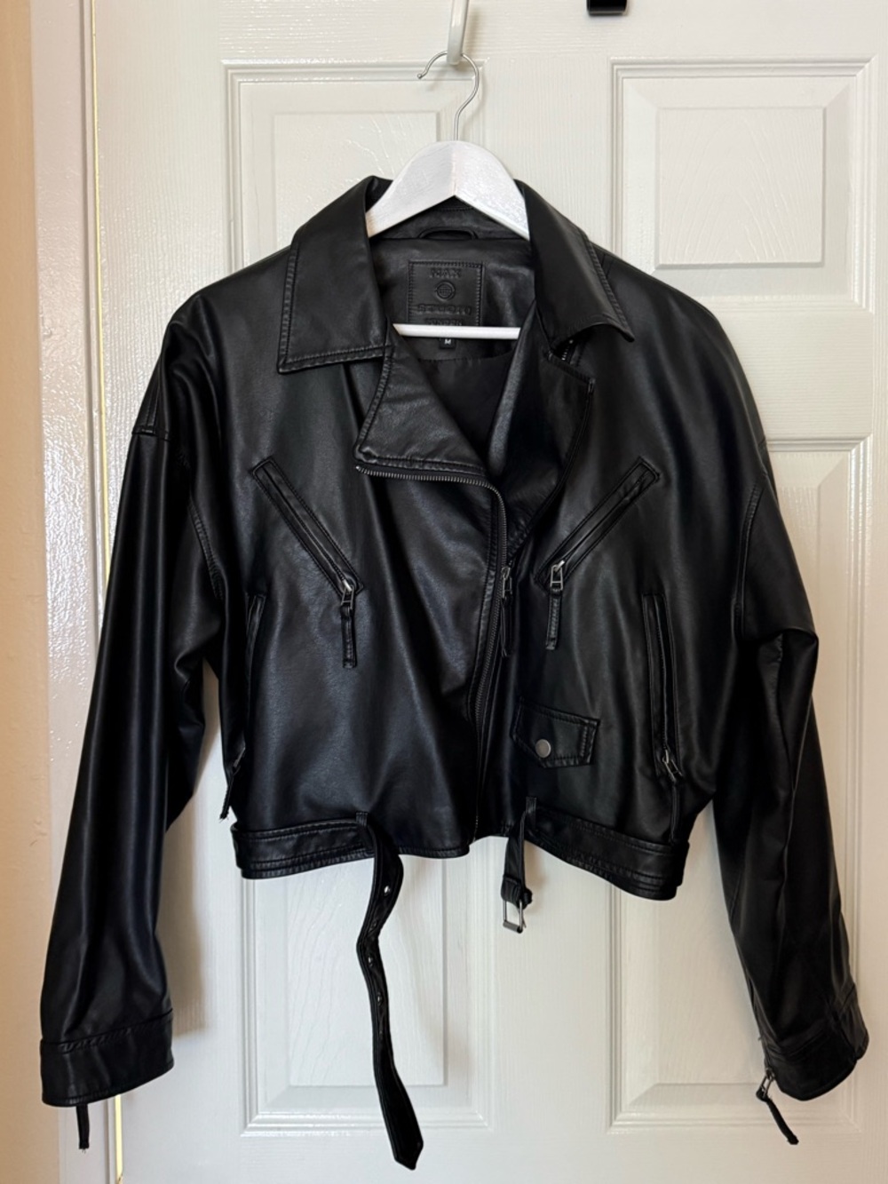 Max Studio Black Faux Leather Moto Jacket with Belted Hem